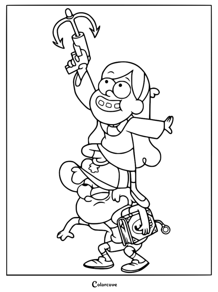 Mabel standing on Dipper's shoulders holding a grappling hook, printable coloring page of Gravity Falls characters.