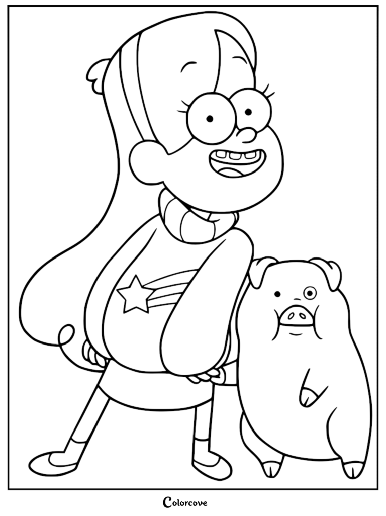 Mabel Pines standing next to her pet pig Waddles in this Gravity Falls coloring page