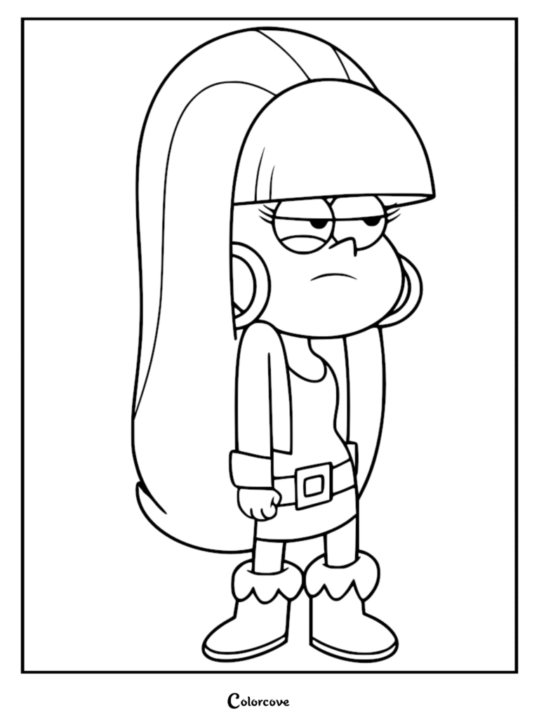 Pacifica Northwest from Gravity Falls looking angry with a scowl, featured in a printable line art coloring page.