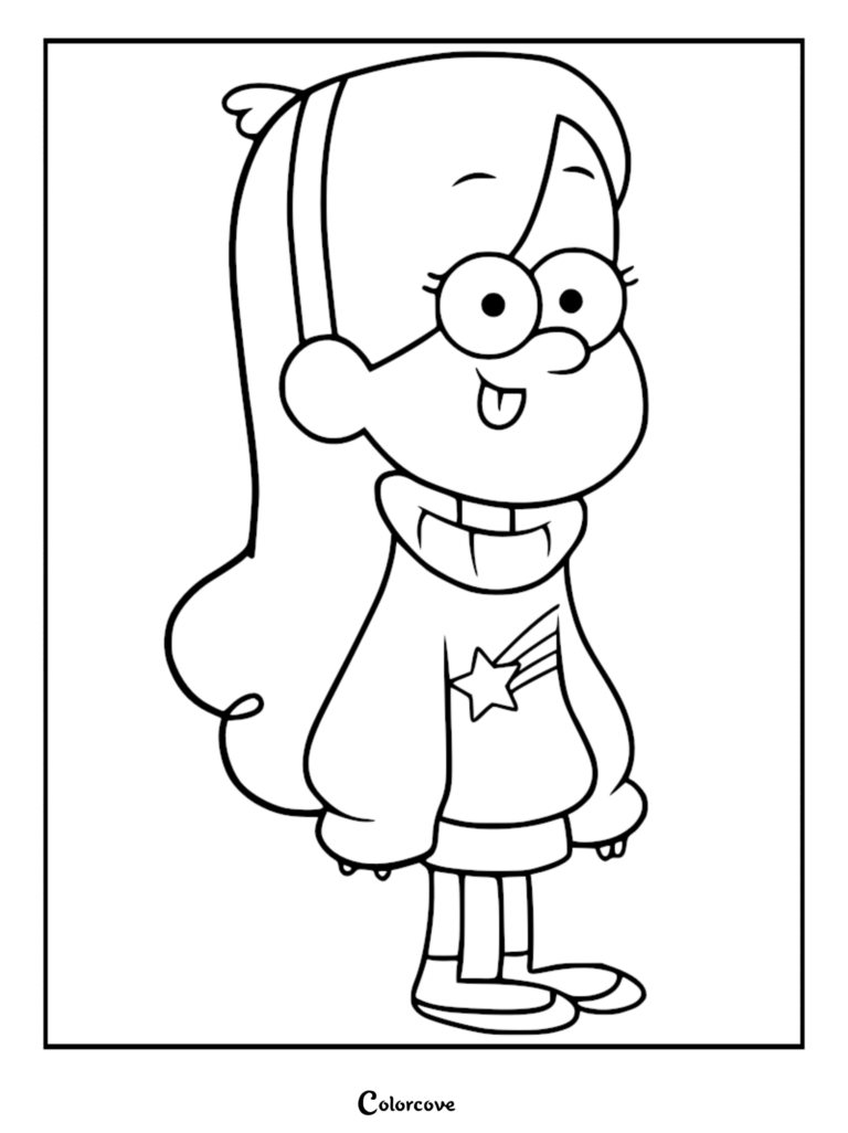 Mabel Pines from Gravity Falls wearing her signature shooting star sweater in a printable coloring page.