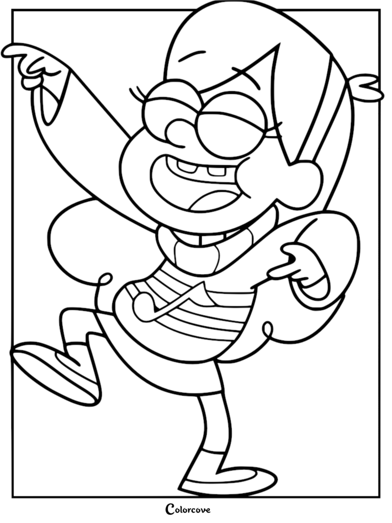 Mabel Pines from Gravity Falls dancing and pointing in this printable coloring page.