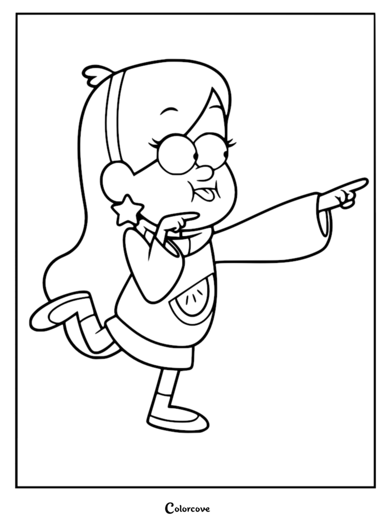 Mabel Pines from Gravity Falls pointing with a playful expression in this printable coloring page.