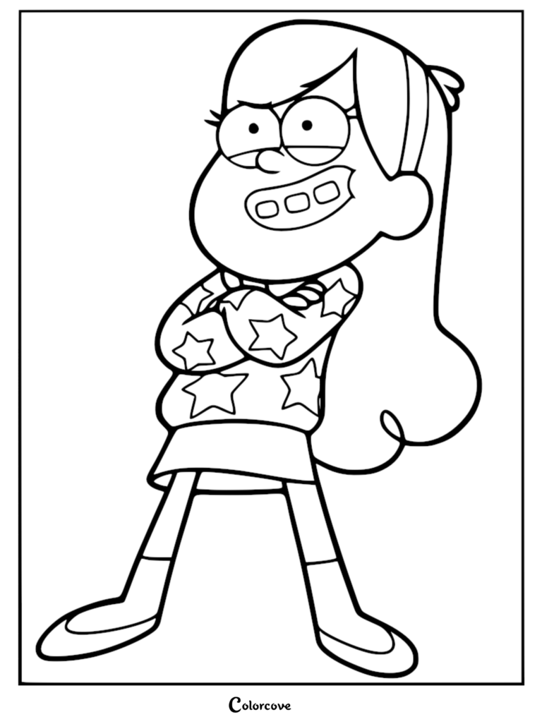 Mabel Pines from Gravity Falls wearing a star sweater with arms crossed in this printable coloring page.