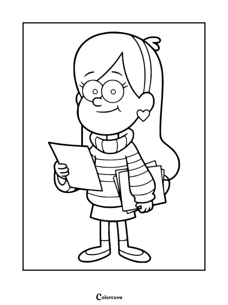 Mabel Pines from Gravity Falls wearing a striped sweater and holding a stack of papers in this printable coloring page.