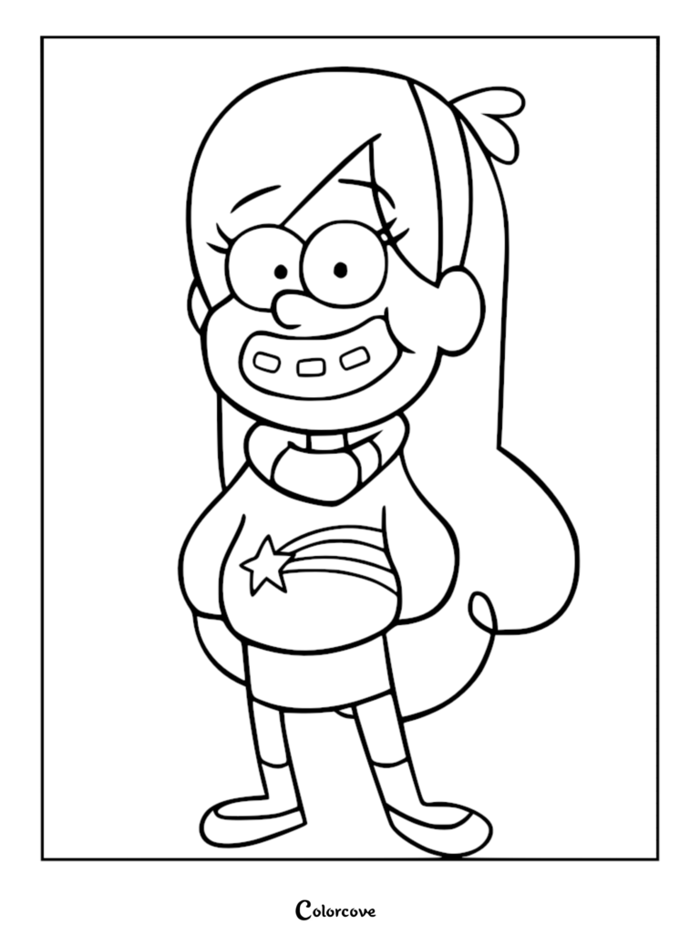 Mabel Pines from Gravity Falls wearing her signature shooting star sweater, a printable coloring page.