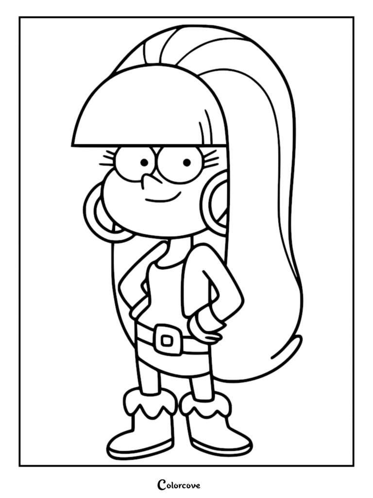 Pacifica Northwest from Gravity Falls with her signature long blonde hair, hoop earrings, and boots in a printable coloring page.