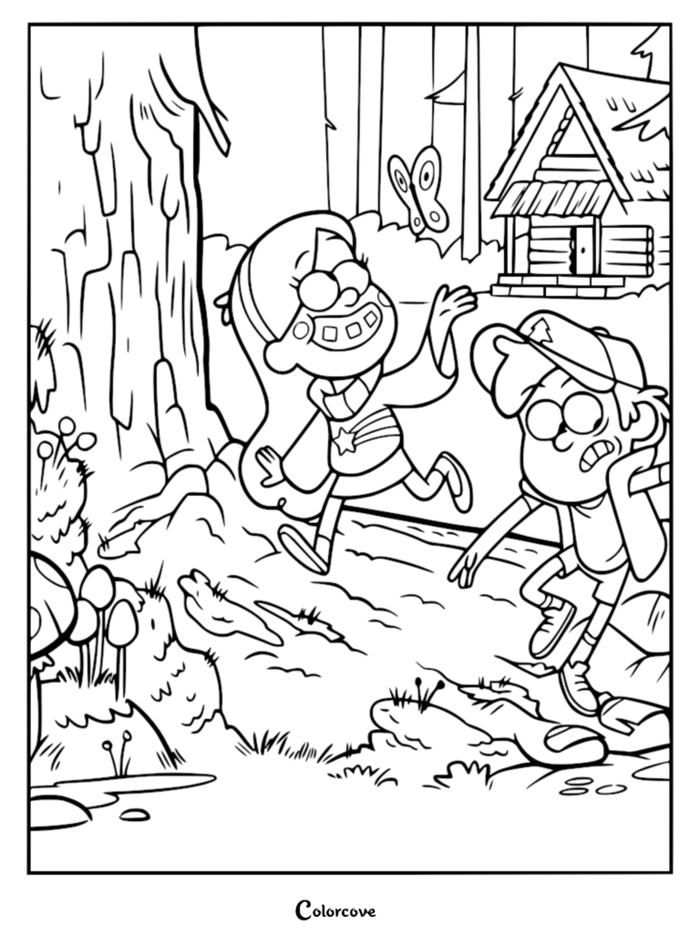 Dipper and Mabel Pines exploring the woods near the Mystery Shack in this Gravity Falls season 1 promotional artwork coloring page.