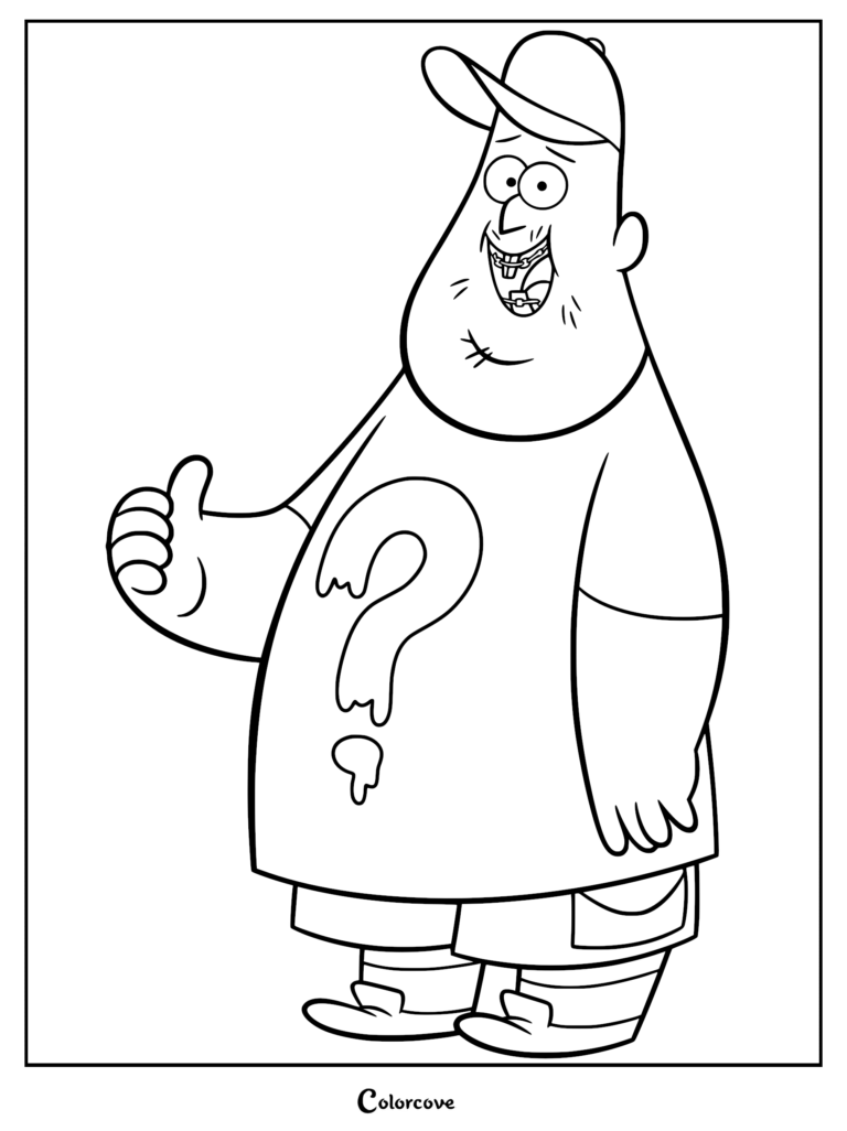 Soos Ramirez from Gravity Falls wearing his signature question mark t-shirt and baseball cap, shown in a printable coloring page format.