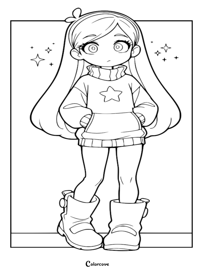 Anime style Mabel Pines from Gravity Falls wearing a star sweater and boots in a printable coloring page.