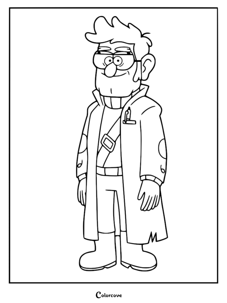Stanford Pines wearing his signature trench coat and glasses in this printable Gravity Falls coloring page.