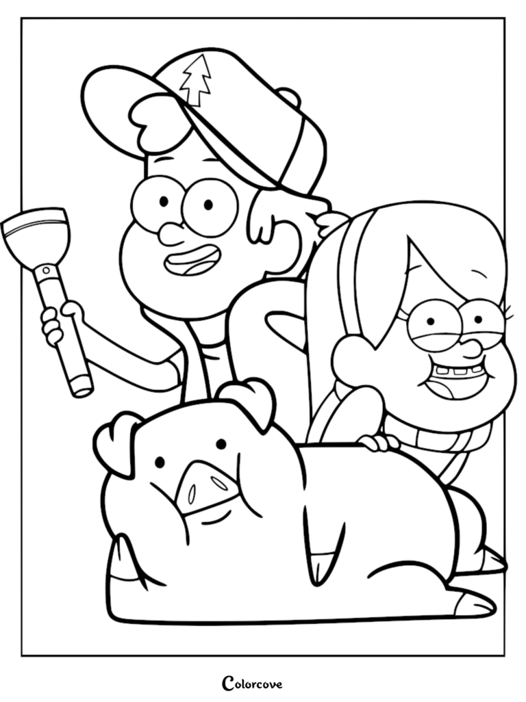 Dipper Pines holding his signature flashlight alongside his twin sister Mabel and their pet pig Waddles in this Gravity Falls coloring page.