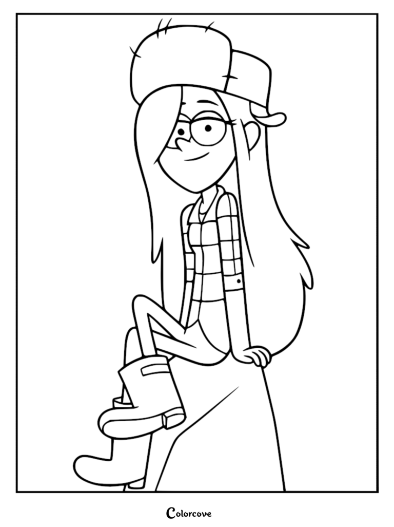 Wendy Corduroy from Gravity Falls wearing her signature trapper hat and plaid shirt in a printable coloring page.
