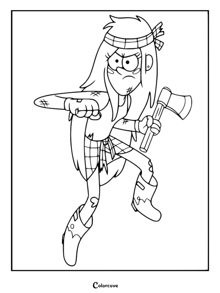 Wendy Corduroy from Gravity Falls in a battle-ready pose holding an axe, featured in a detailed line art coloring page.