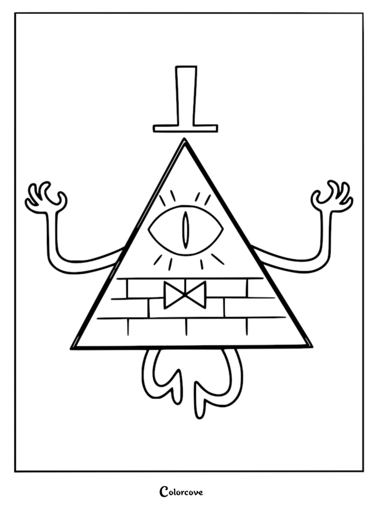 Bill Cipher from Gravity Falls with his signature top hat, bowtie, and single eye in a printable coloring page format.