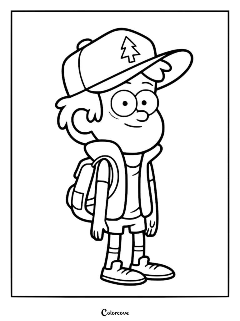 Dipper Pines from Gravity Falls wearing his signature pine tree cap and backpack in a clean line art coloring page.