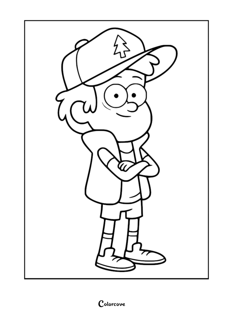 Dipper Pines from Gravity Falls wearing his signature pine tree hat and vest in this printable coloring page.