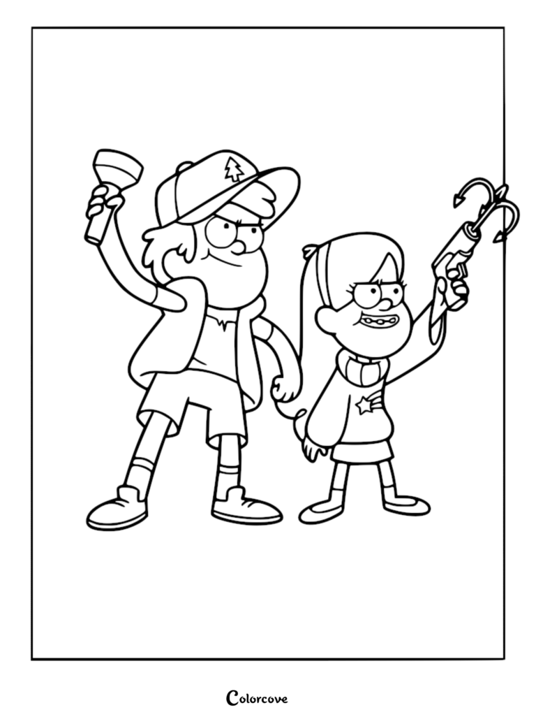 Dipper and Mabel Pines preparing to fight Bill Cipher inside the Mystery Shack robot in this printable coloring page.