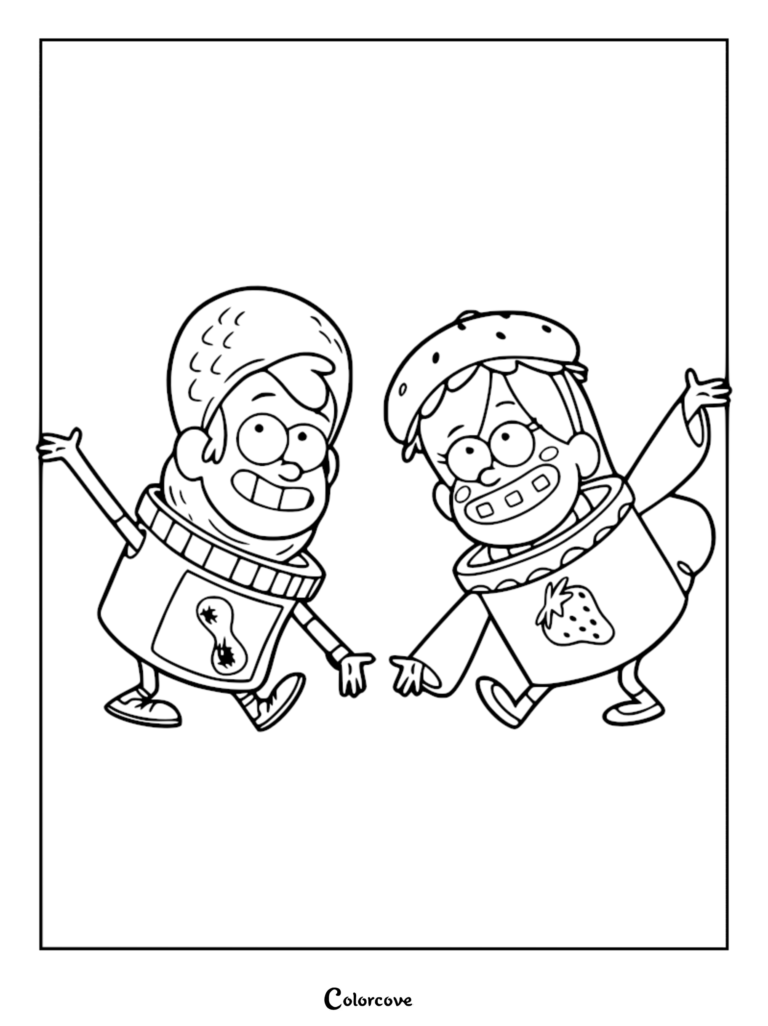 Dipper and Mabel Pines wearing complementary peanut butter and jelly jar Halloween costumes in this printable coloring page.