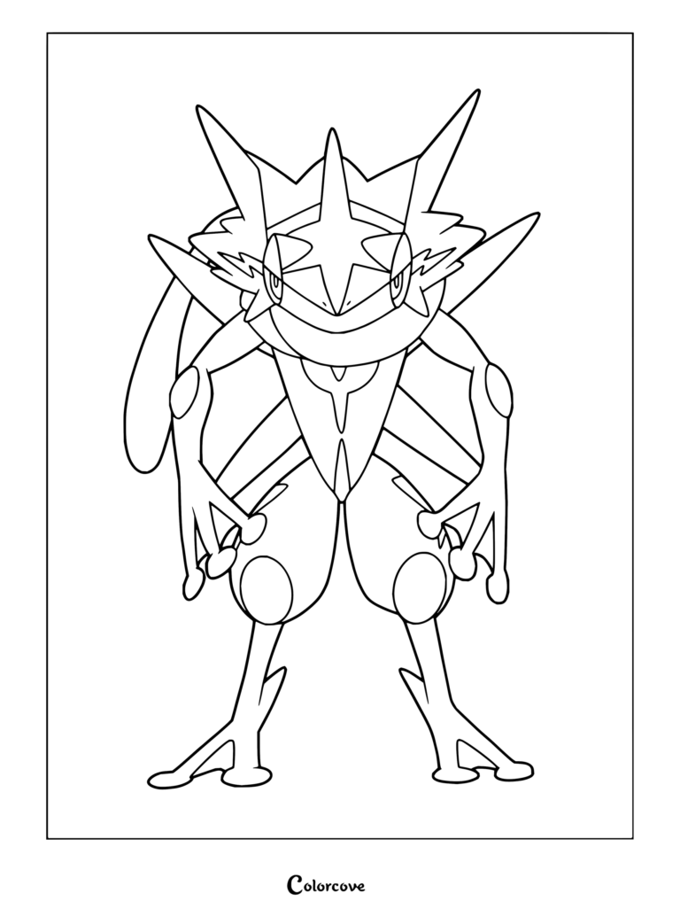 Coloriage à imprimer de Sachanobi prenant sa pose de combat emblématique, avec sa crête étoilée sur la tête.