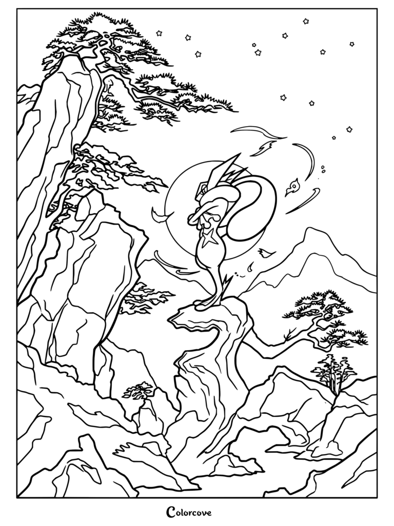 Coloriage d'Amphinobi montrant le Pokémon ninja perché au sommet d'une montagne sous un ciel nocturne étoilé.