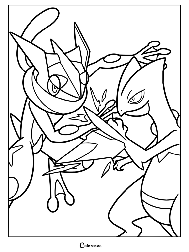 Coloriage d'Amphinobi contre Jungko illustrant un combat dynamique entre les deux Pokémon.