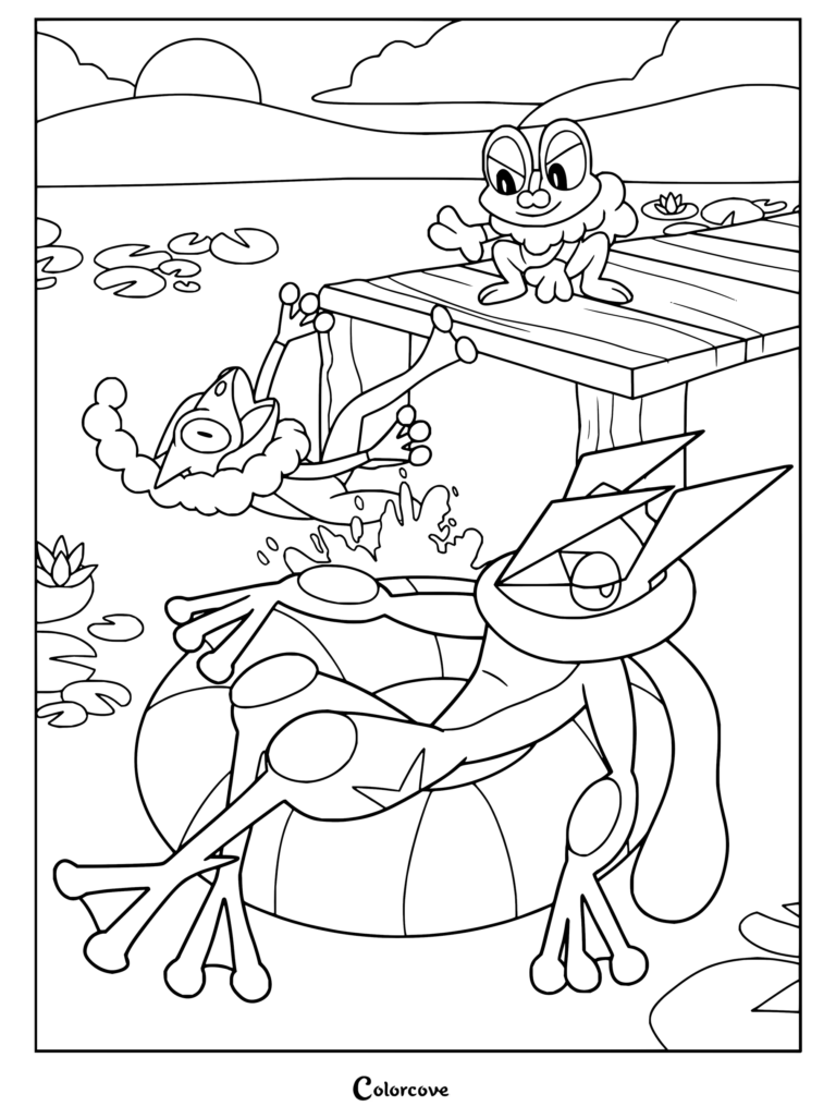 Coloriage de la lignée évolutive d'Amphinobi montrant Grenousse, Croâporal et Amphinobi se relaxant au bord de l'eau