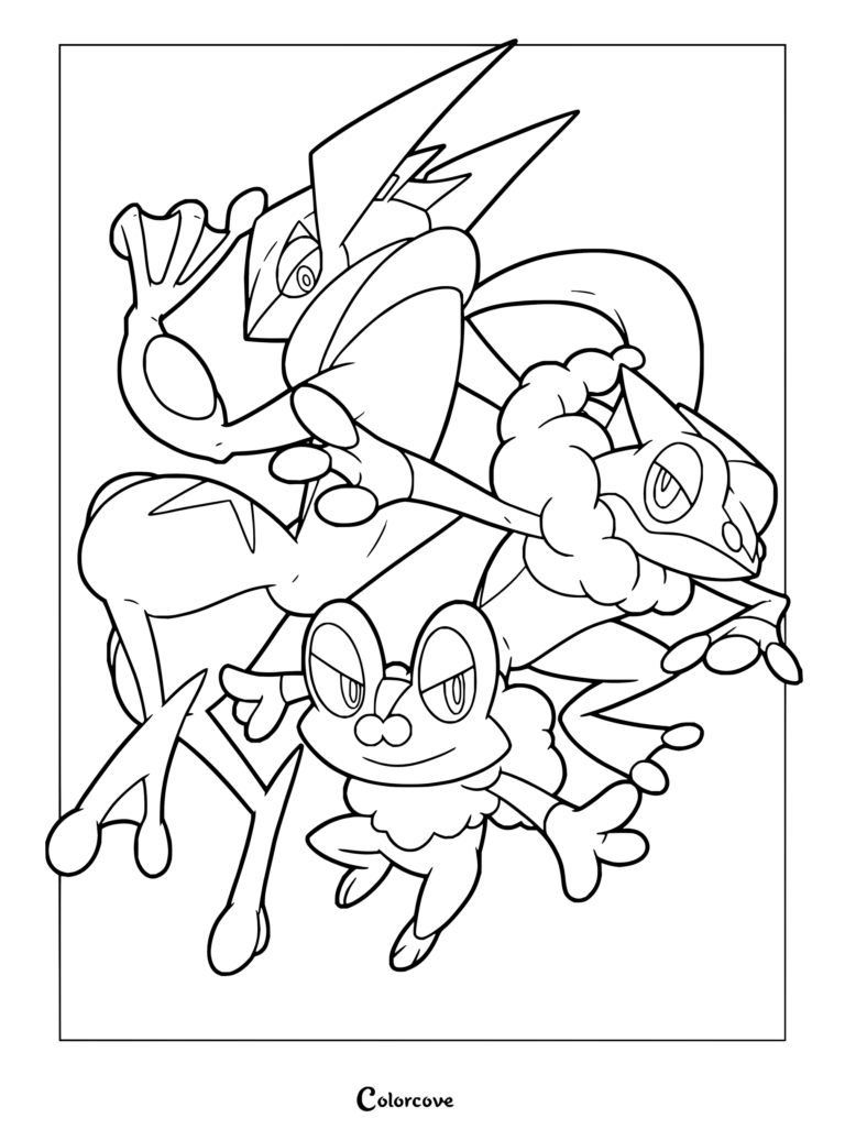 Coloriage à imprimer représentant toute la lignée évolutive d'Amphinobi dans Pokémon.