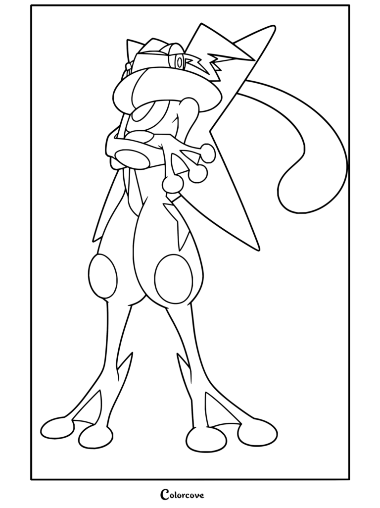 Coloriage de Sachanobi montrant la forme de combat spéciale du Pokémon Amphinobi avec un grand shuriken en étoile dans le dos.
