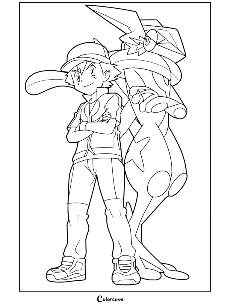Coloriage de Sacha Ketchum et son Amphinobi sous leur forme spéciale Sachanobi issue de la série animée Pokémon XY & Z