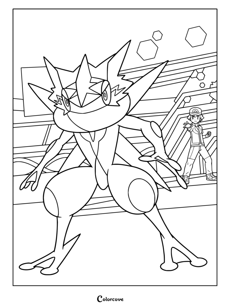 Coloriage gratuit à imprimer représentant Sacha Ketchum et son partenaire Amphinobi sous leur forme synchronisée Sachanobi lors d'un combat dans Pokémon, la série : XYZ.