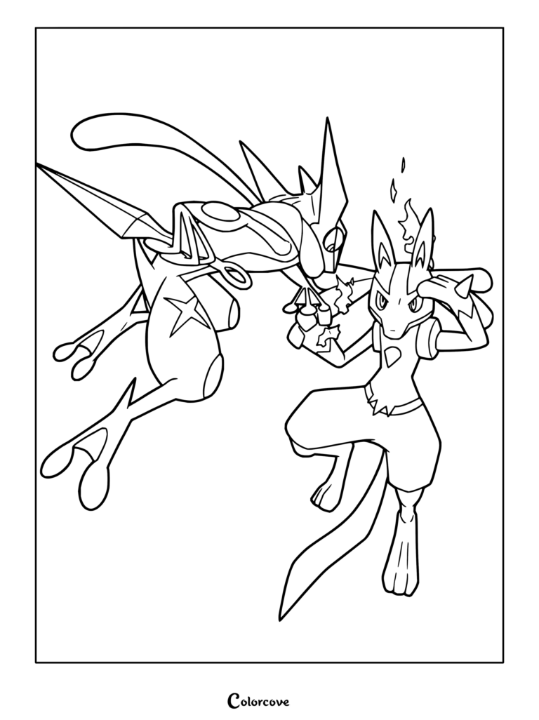 Coloriage de Sachanobi affrontant Lucario, capturant un duel intense dans un style au trait noir et blanc détaillé.