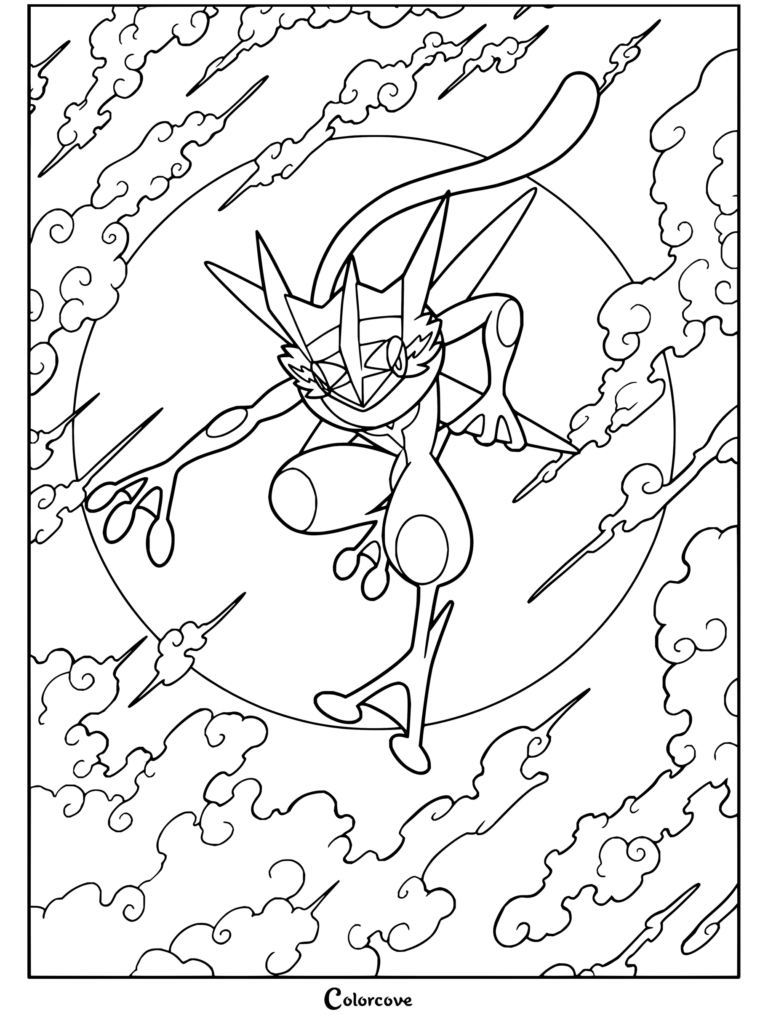 Coloriage officiel de Sachanobi illustrant le Pokémon ninja bondissant devant une grande pleine lune parmi des nuages stylisés.