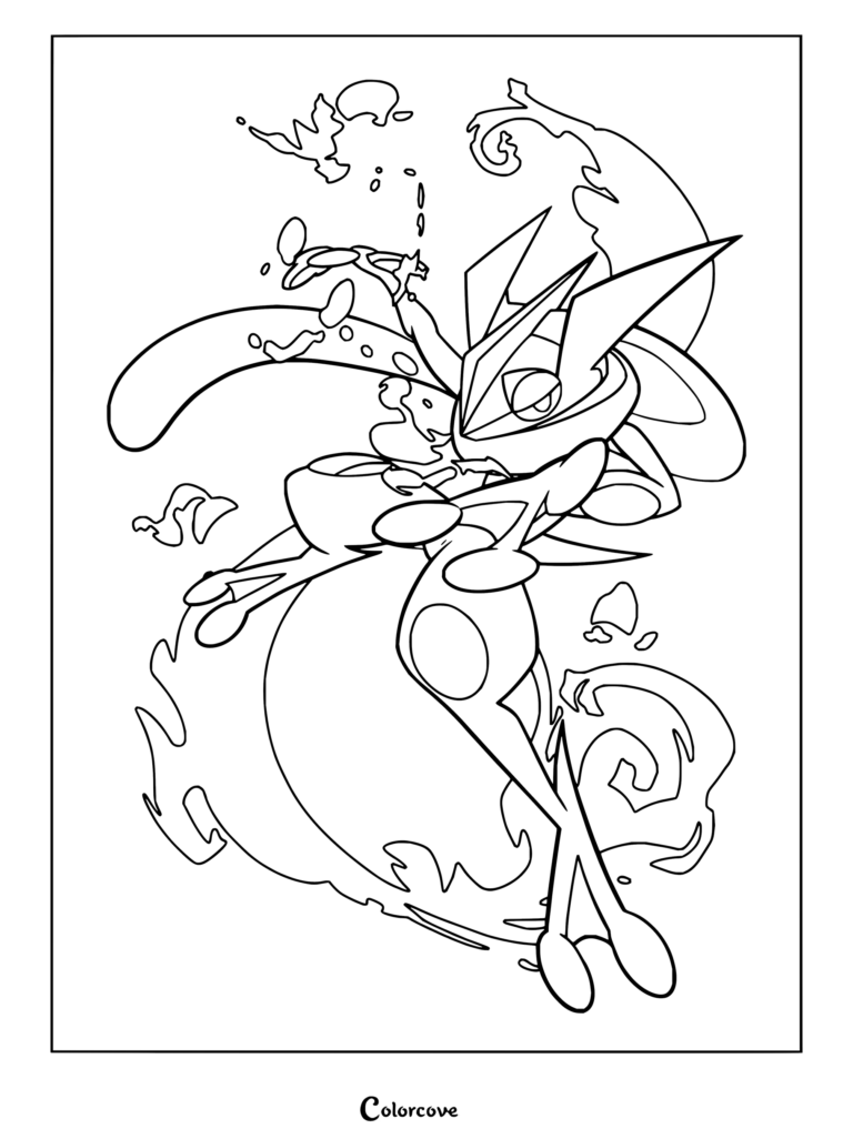 Coloriage de Sachanobi présentant sa puissante forme liée dans une posture de combat dynamique avec des Sheaurikens.