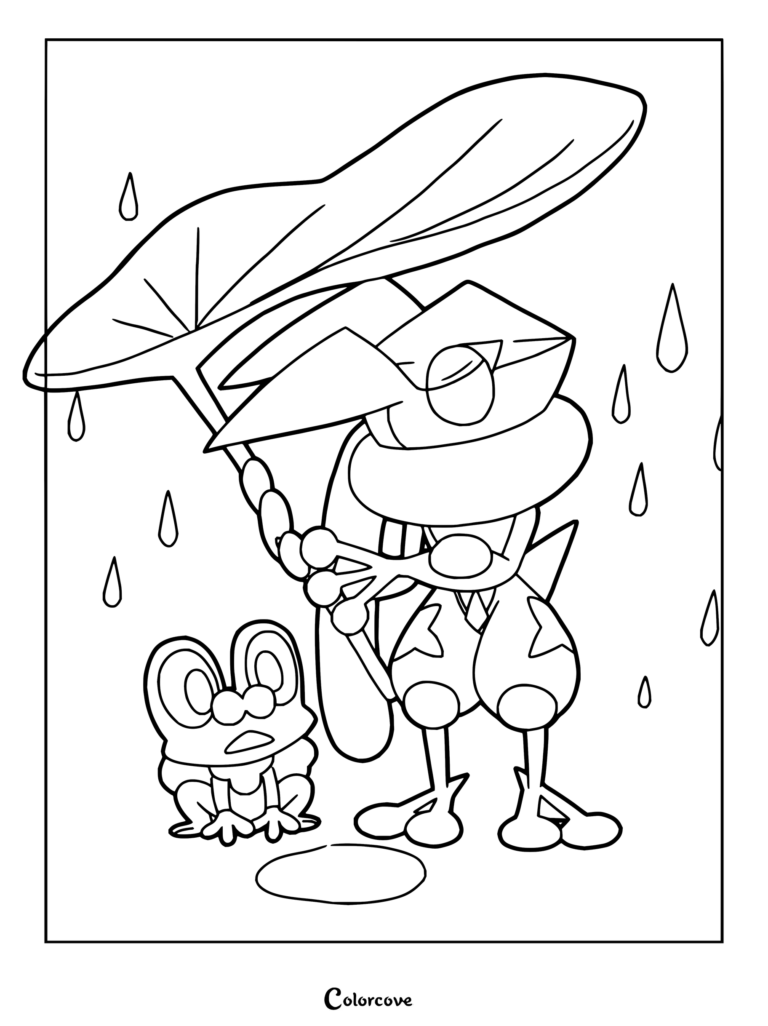 Coloriage d'Amphinobi tenant une grande feuille en guise de parapluie aux côtés d'un petit Grenousse sous la pluie