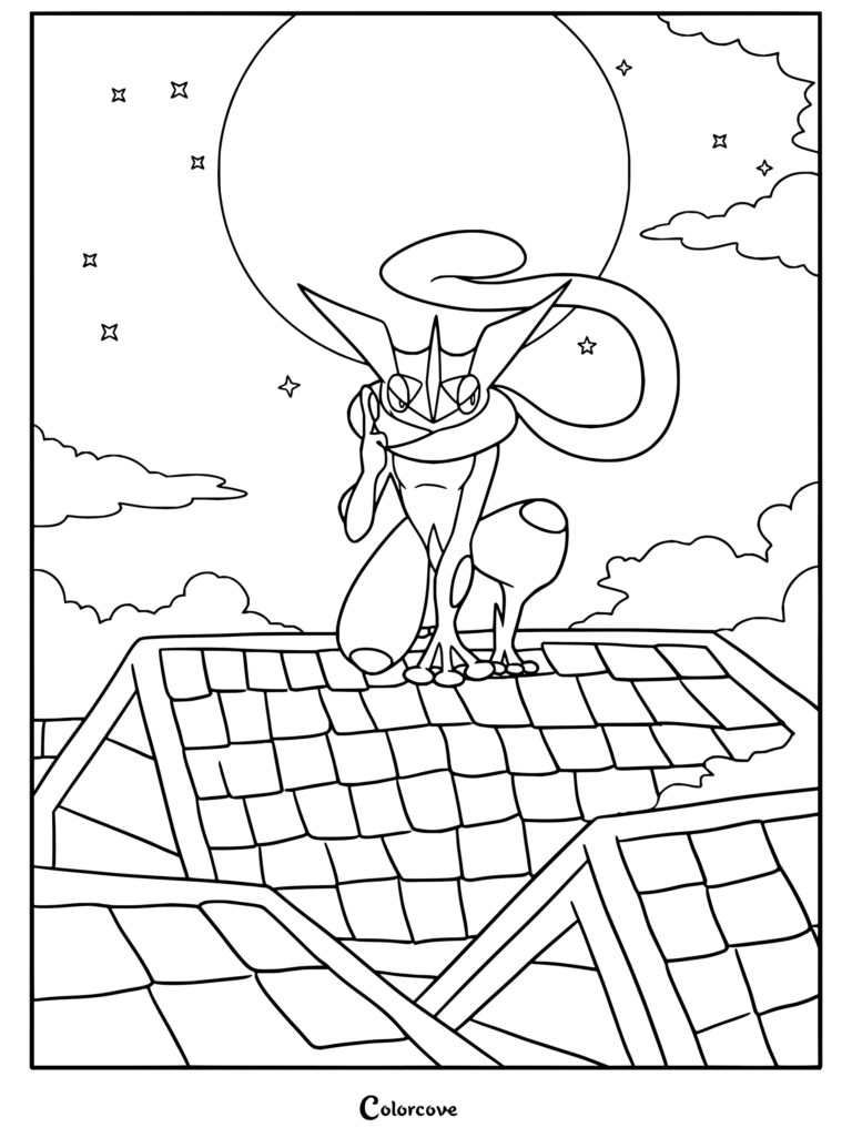 Coloriage d'Amphinobi montrant le Pokémon ninja de type Eau accroupi sur un toit en tuiles, sous une immense lune et un ciel étoilé.