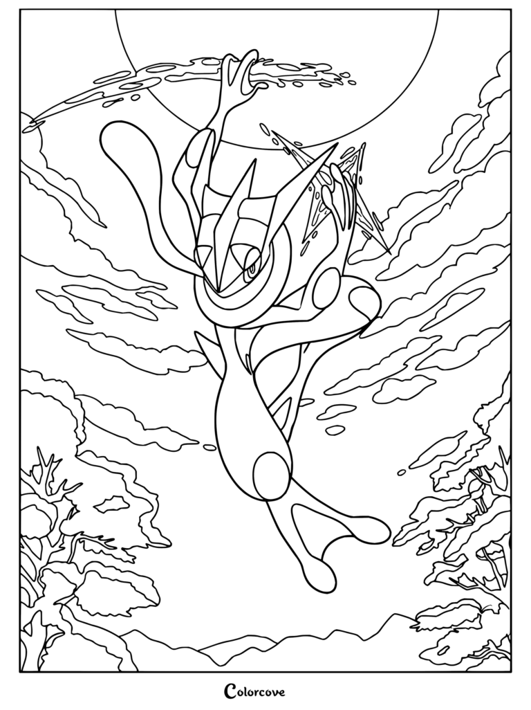 Coloriage d'Amphinobi présentant le Pokémon de type Eau dans une posture ninja dynamique, sous une lune brillante et des arbres aux tons rosés.