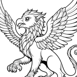 Coloring page featuring a detailed griffin with wings spread, perfect for kids and adults who love mythical creatures.