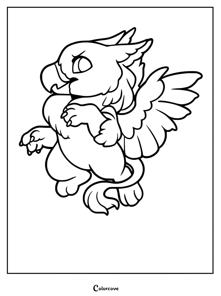 A cute baby griffin with eagle head and lion body standing in a dynamic pose on this printable coloring page.