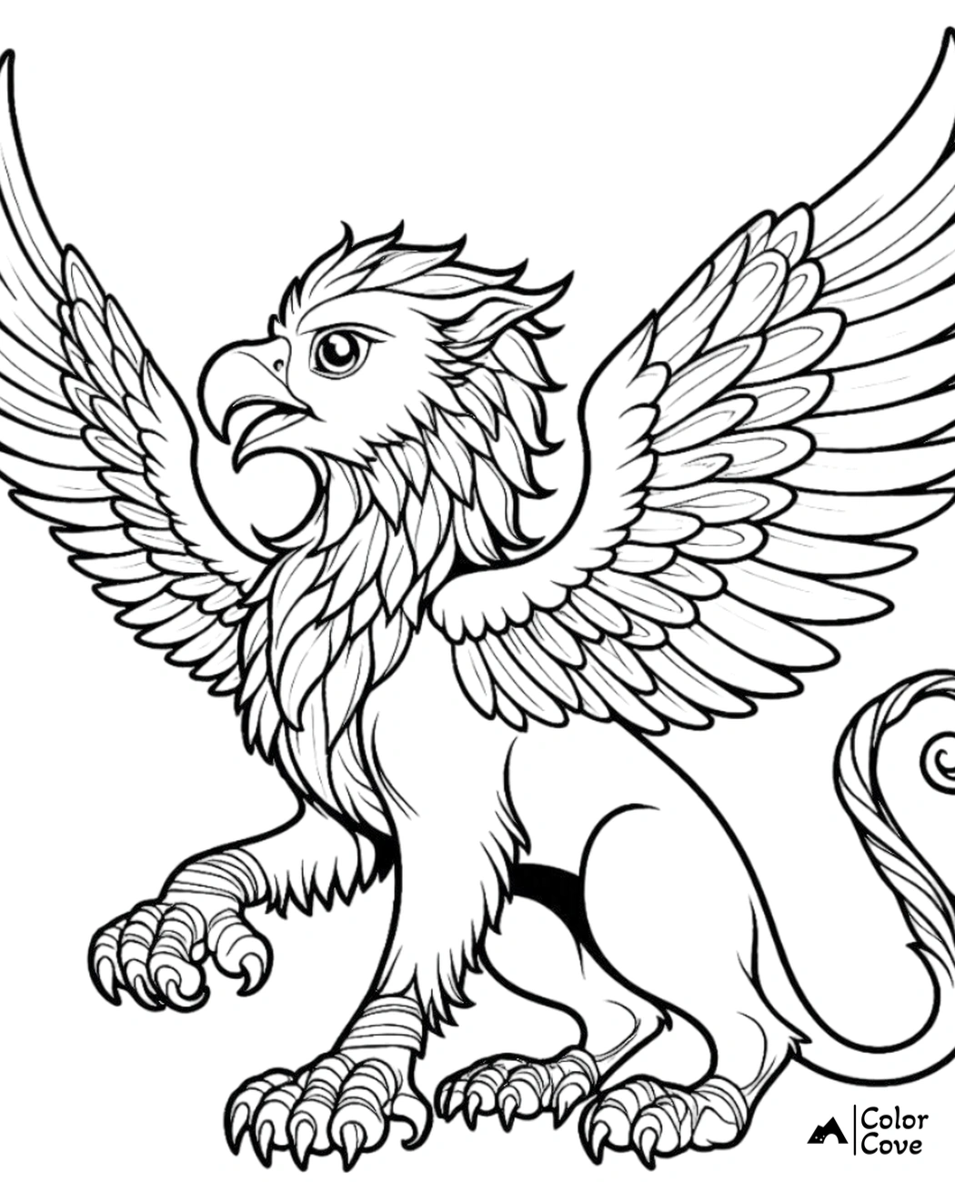 Coloring page featuring a detailed griffin with wings spread, perfect for kids and adults who love mythical creatures.