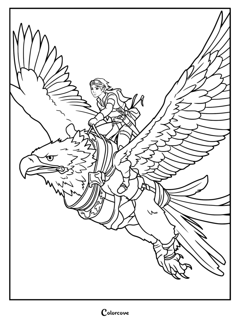 Astrid wearing goggles riding a large griffin in flight, detailed line art coloring page.