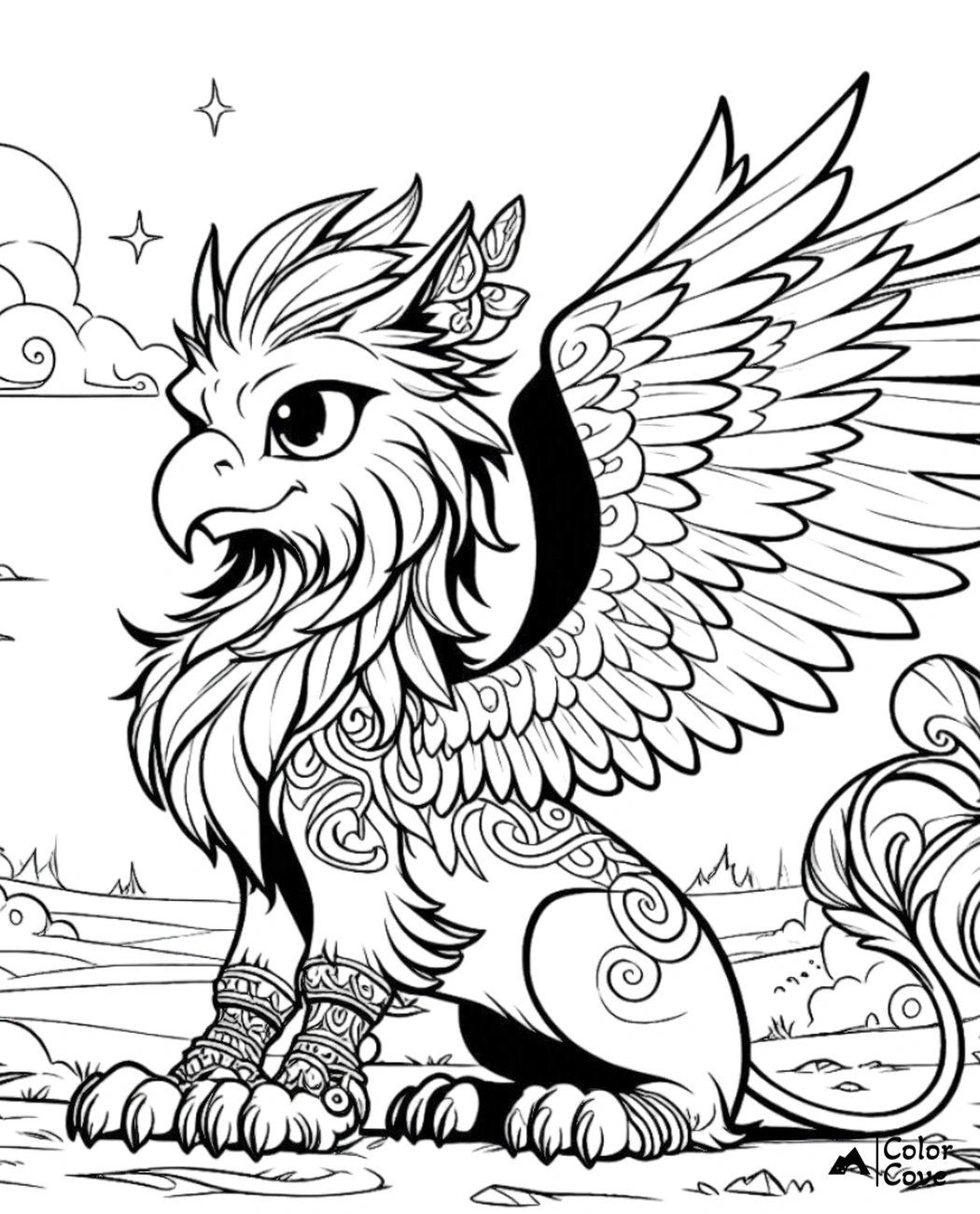 Gryphon coloring page, detailed mythological creature with wings, tail, and intricate patterns, ready for coloring fun.