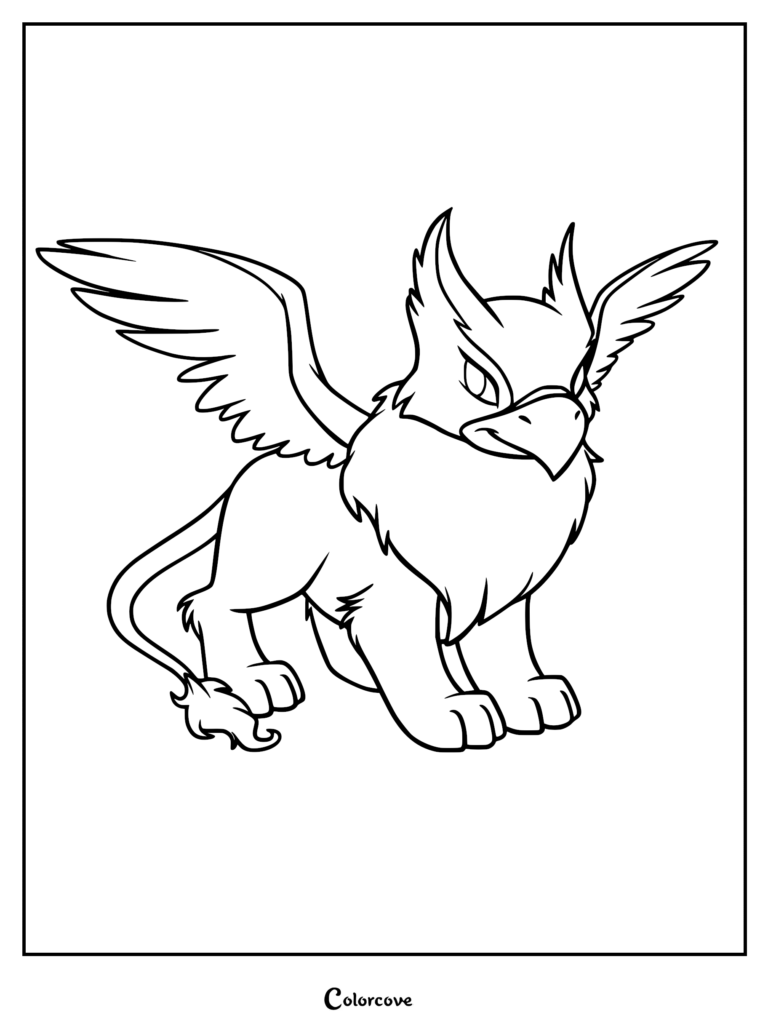 A simple line art coloring page of a mythical griffin standing with wings spread wide, featuring a lion body and eagle head.