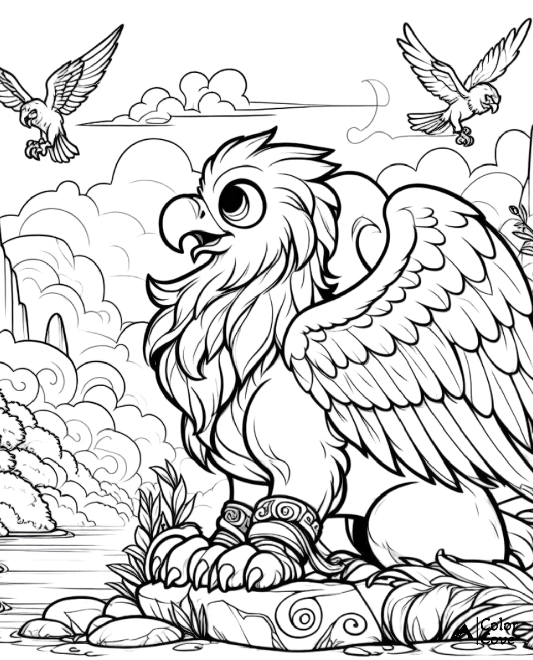 Gryphon coloring page for kids and adults, featuring a majestic mythical creature with detailed wings and landscape background.