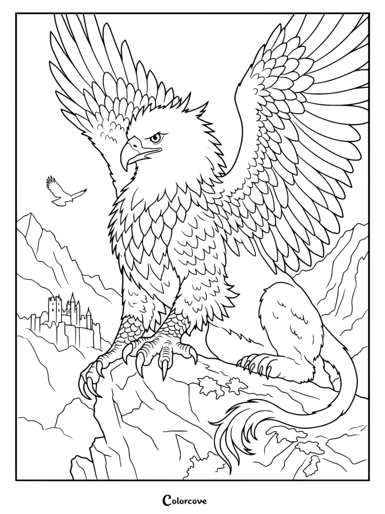 A majestic griffin with large wings spread wide, perched on a rocky cliff overlooking a distant castle, printable coloring page.