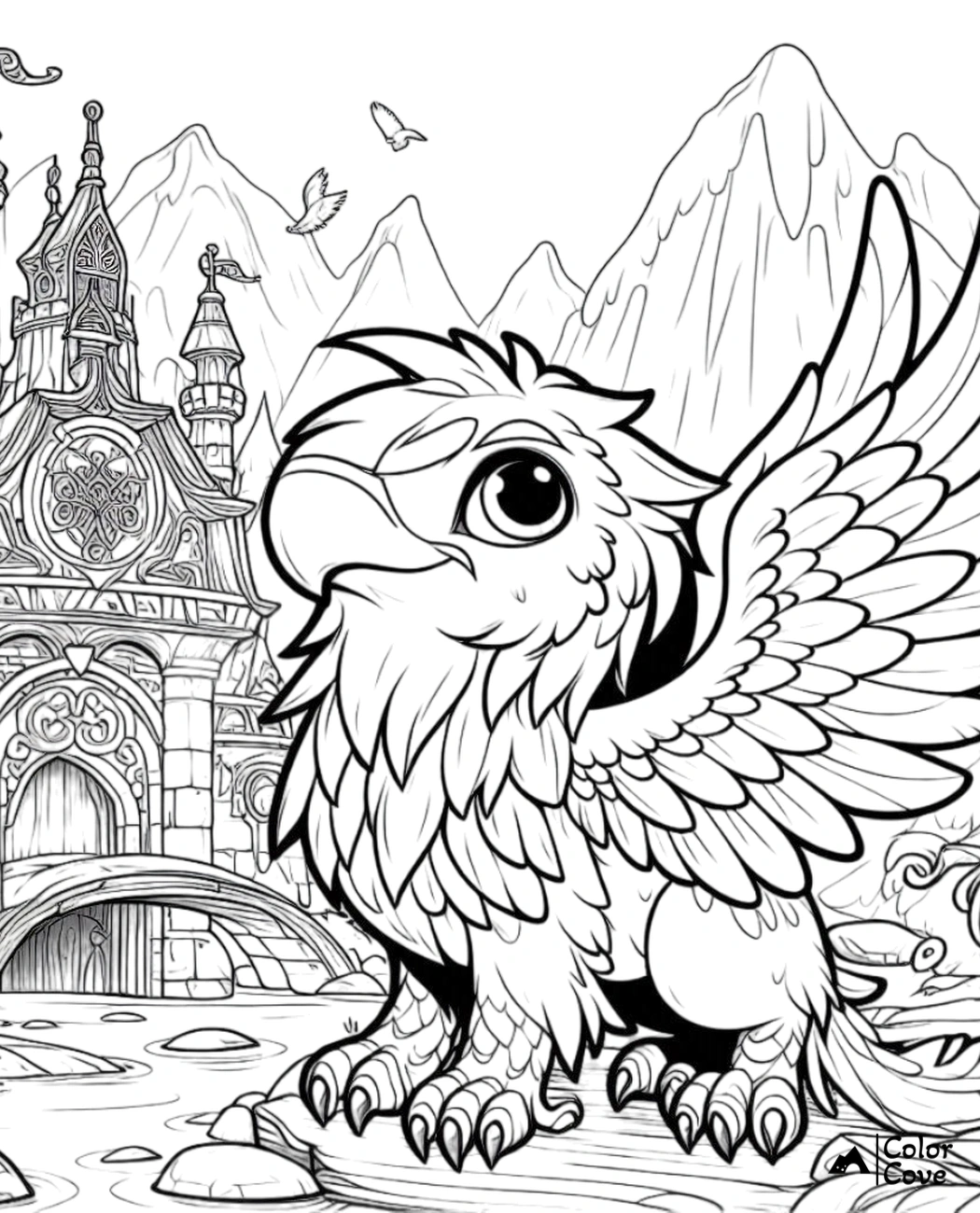 Fantasy griffin coloring page with detailed background of a medieval castle, mountains, and flying birds. Ideal for kids.