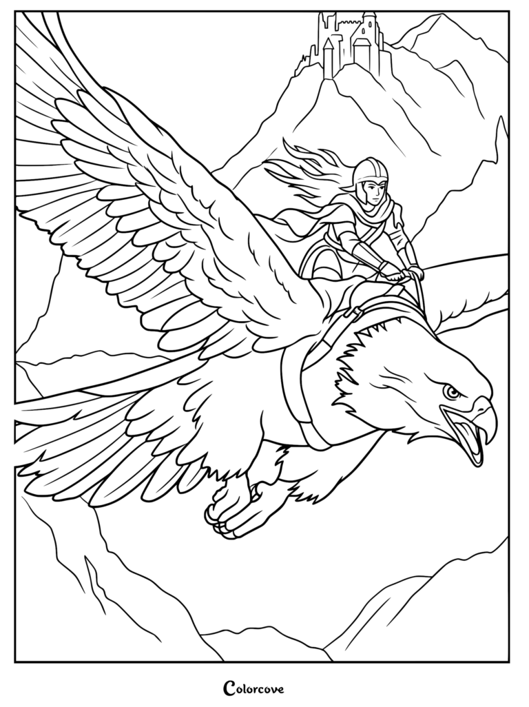 A knight in armor riding a flying griffin towards a mountain castle in this printable coloring page.