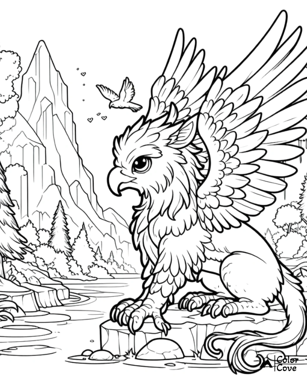 Gryphon coloring page featuring a majestic winged creature in a mountain landscape with trees and a river.