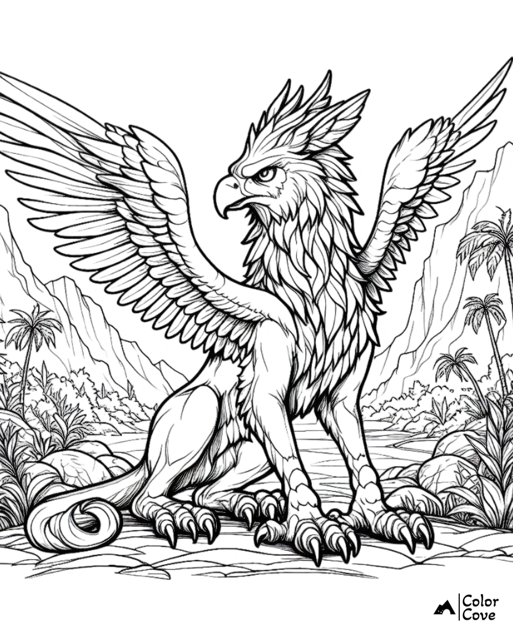 Gryphon coloring page featuring a detailed mythical creature with wings, beak, and claws in a mountain landscape.