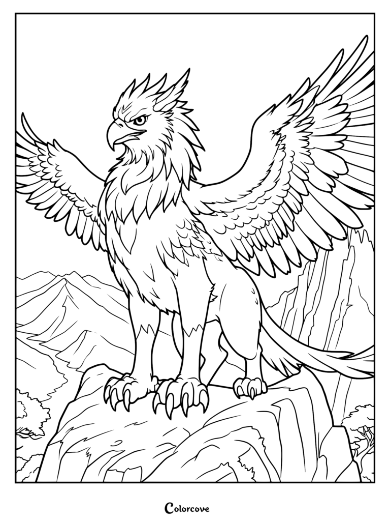 A majestic griffin with spread wings standing on a rocky mountain cliff in this detailed coloring page.