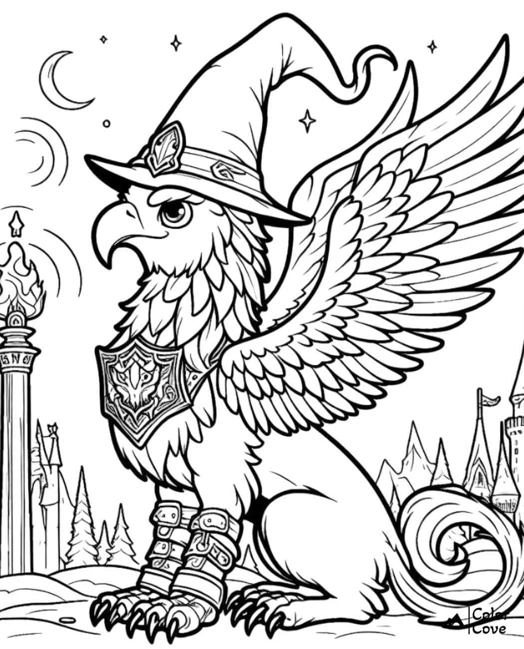 Fantasy griffin with wizard hat and armor in a detailed magical setting, line art coloring page for kids and adults.